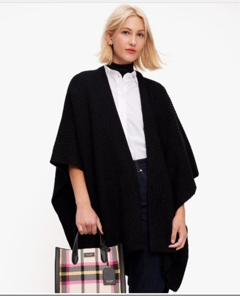 New NWT Kate Spade Grosgrain Bow Ruana Black Metallic One Size Sweater